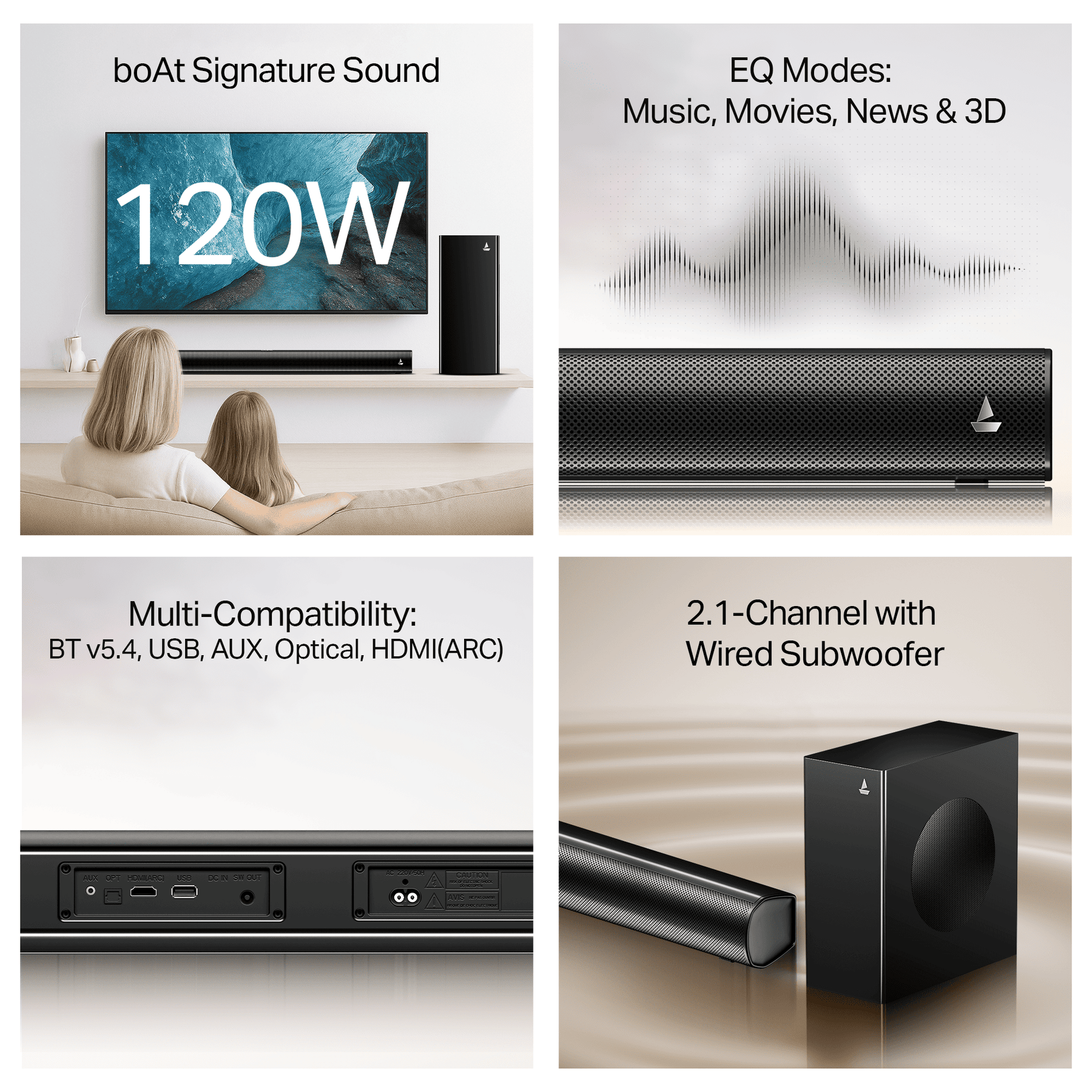 boAt Aavante 2.1 1200 | 120W 2.1 Channel Soundbar with Bluetooth v5.4, EQ Modes & Master Remote