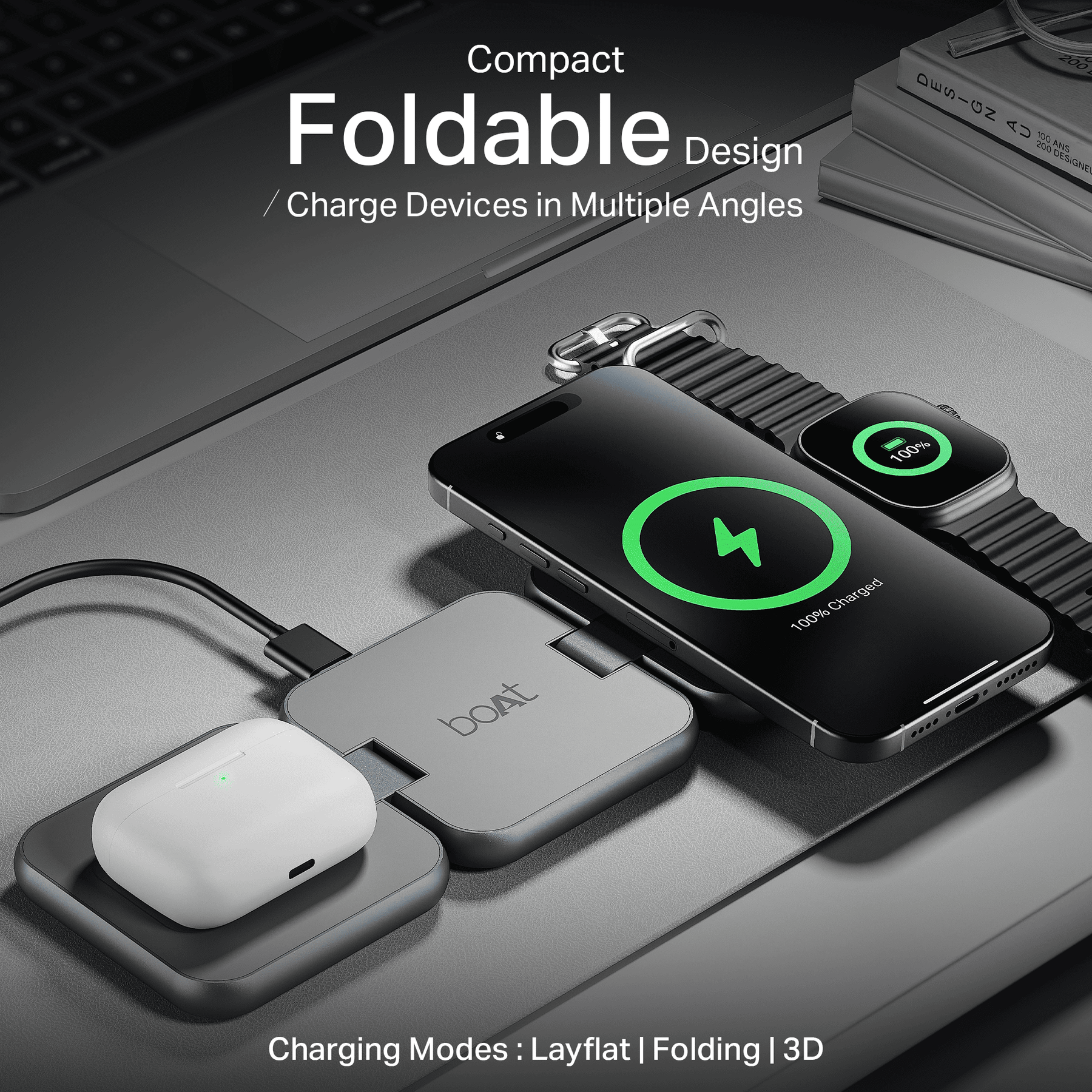 Flexcharge 360 | 3-in-1 Foldable Wireless Charger with Magnetic Hold, Fast Charging & Smart Power Management