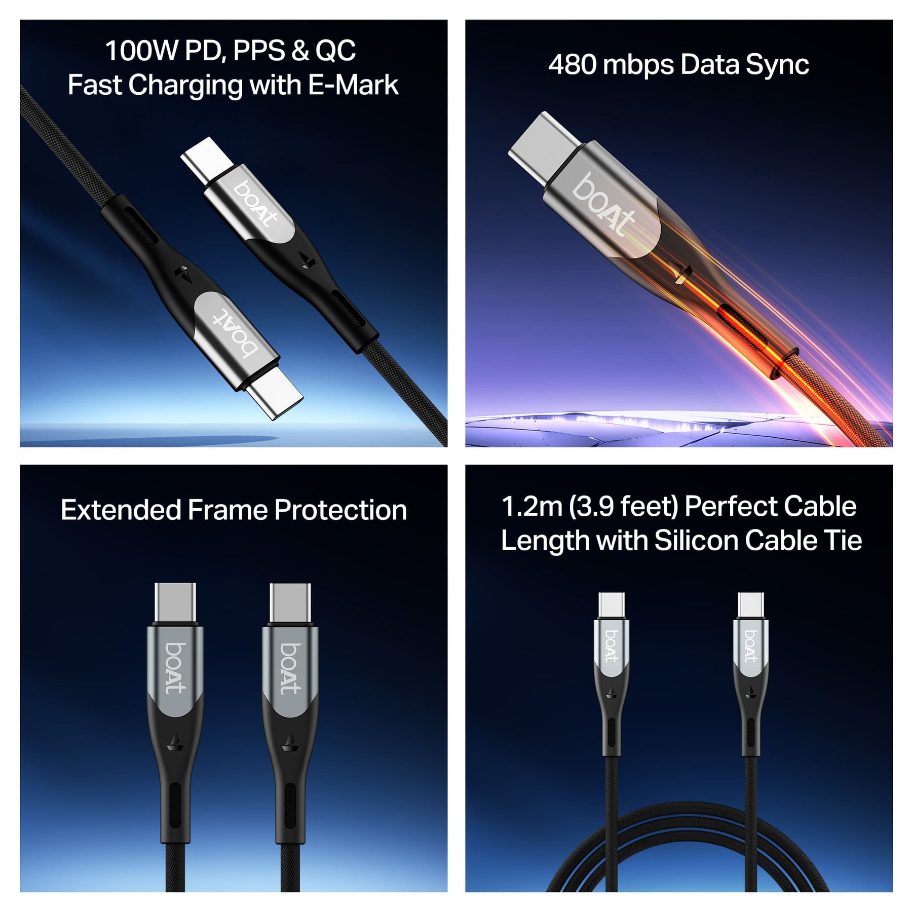 boAt Type C to C 100W Cable | Fast Charging Cable with 100W Output, 480 Mbps Data Sync & Nylon Braided Skin