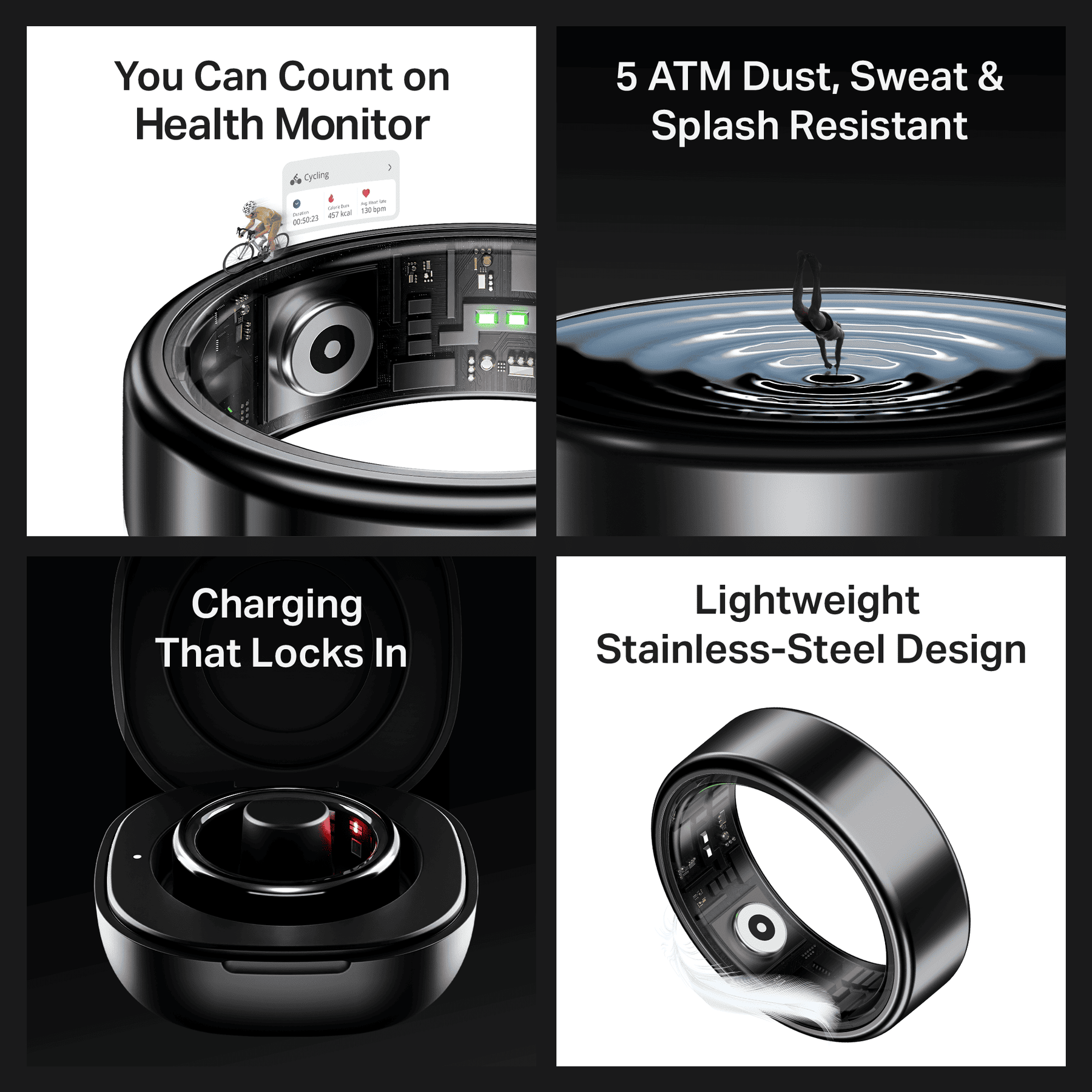 Smart Ring Active Plus | Smart Ring with Health Monitoring, Wireless Charging, Stainless Steel Build