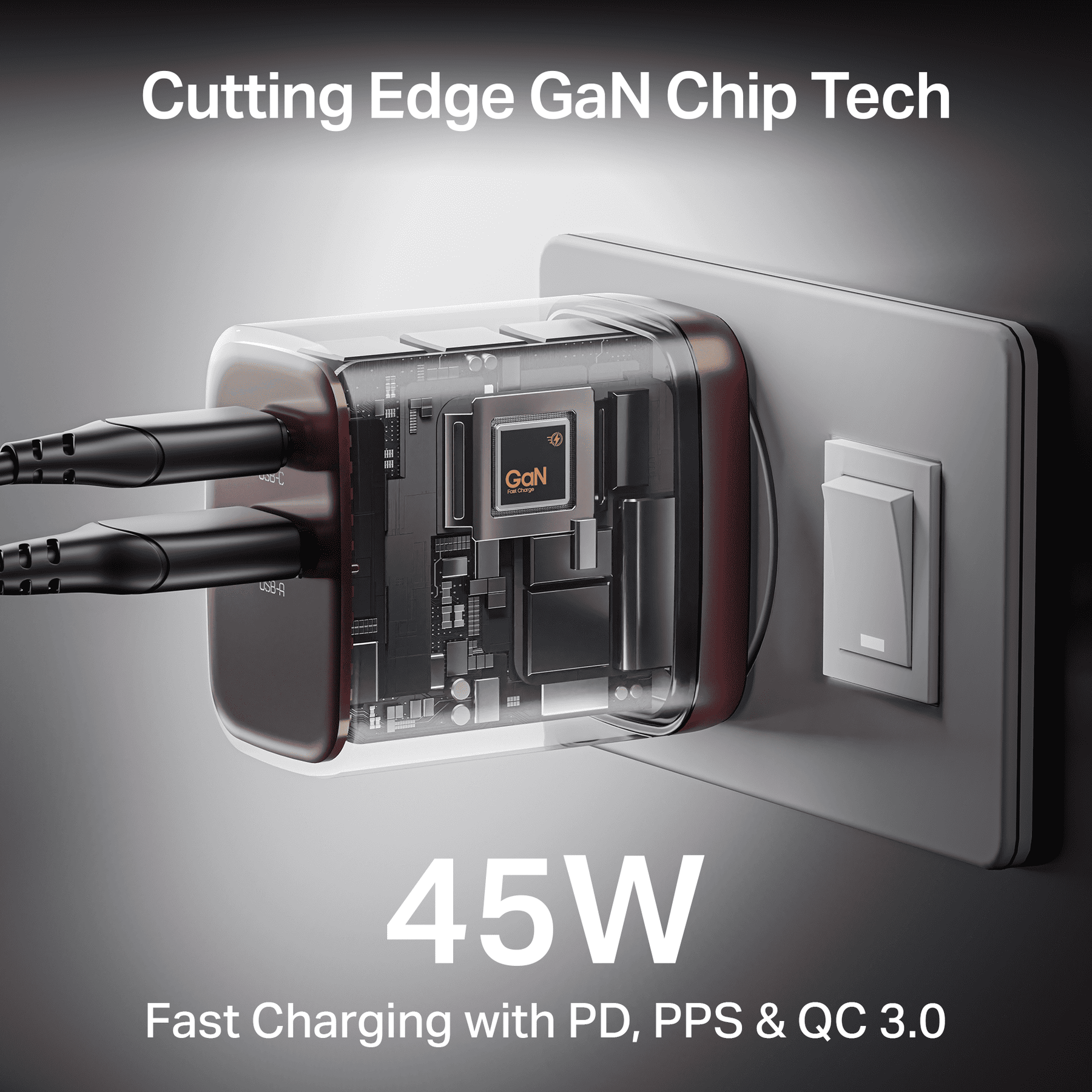 45W GaN Charger | 45W Fast Charger with GaN Chip Technology, 12-Layer Smart IC Protection, Dual-Port Charging