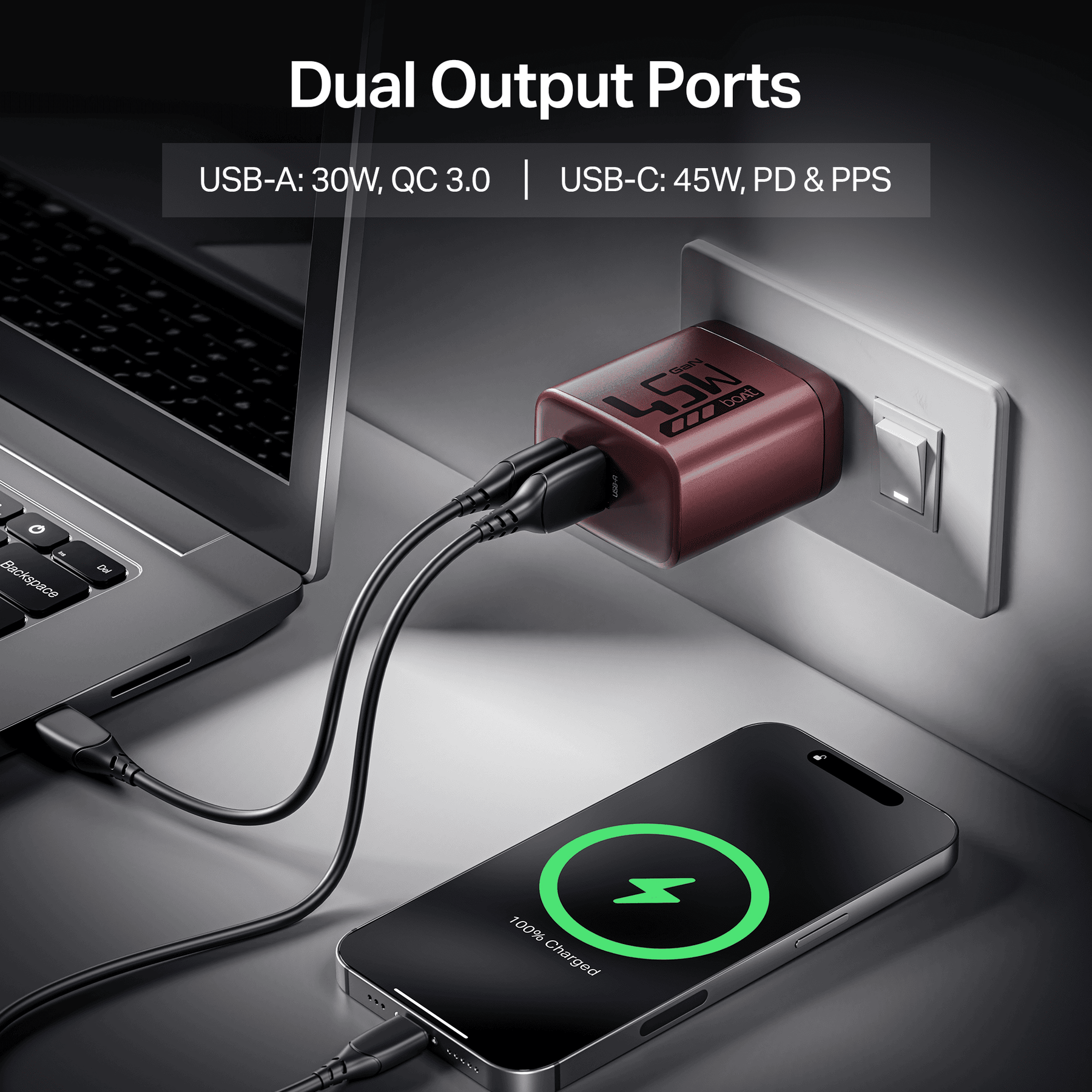 45W GaN Charger | 45W Fast Charger with GaN Chip Technology, 12-Layer Smart IC Protection, Dual-Port Charging