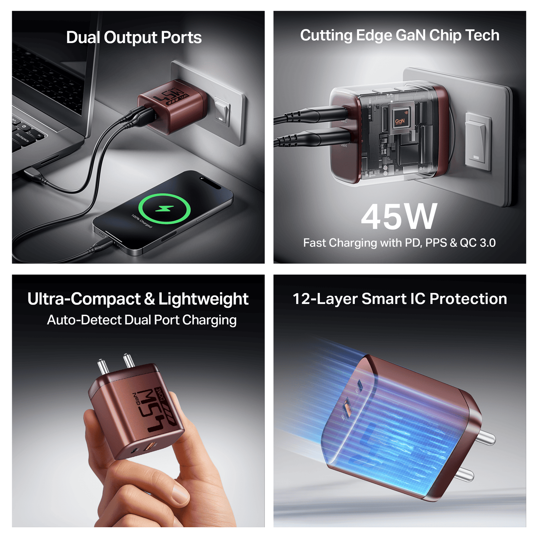 45W GaN Charger | 45W Fast Charger with GaN Chip Technology, 12-Layer Smart IC Protection, Dual-Port Charging