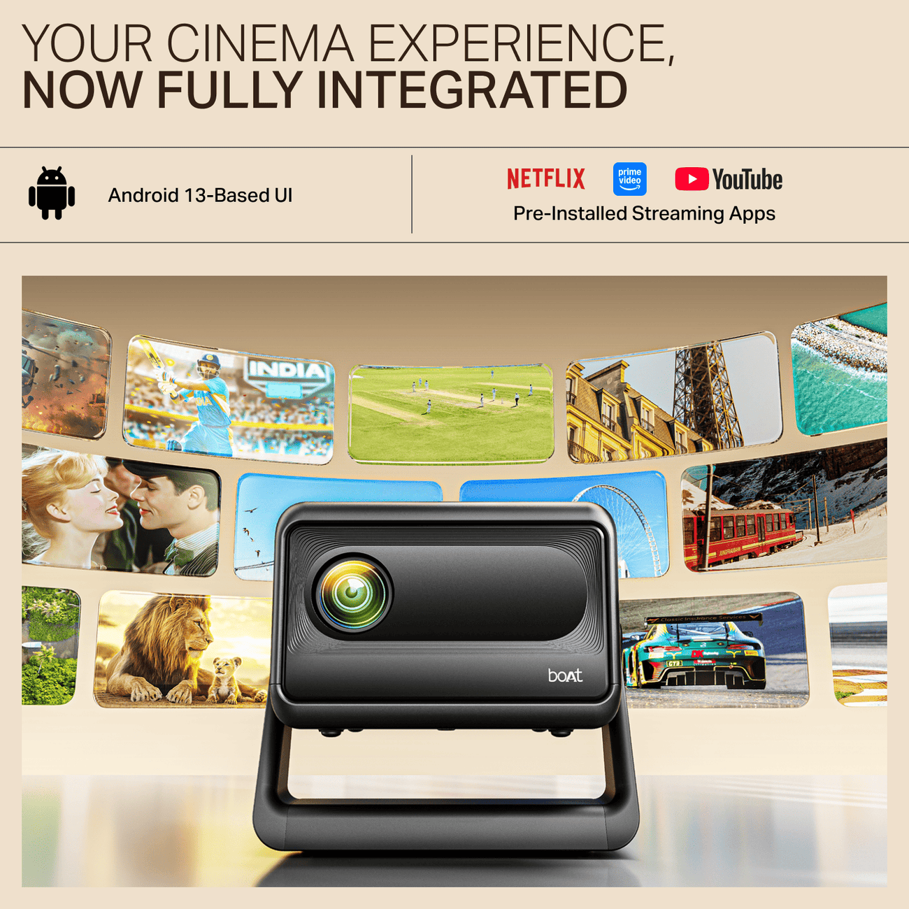 boAt Cinehead E1 – Smart HD Projector with 150” Screen & Android 13