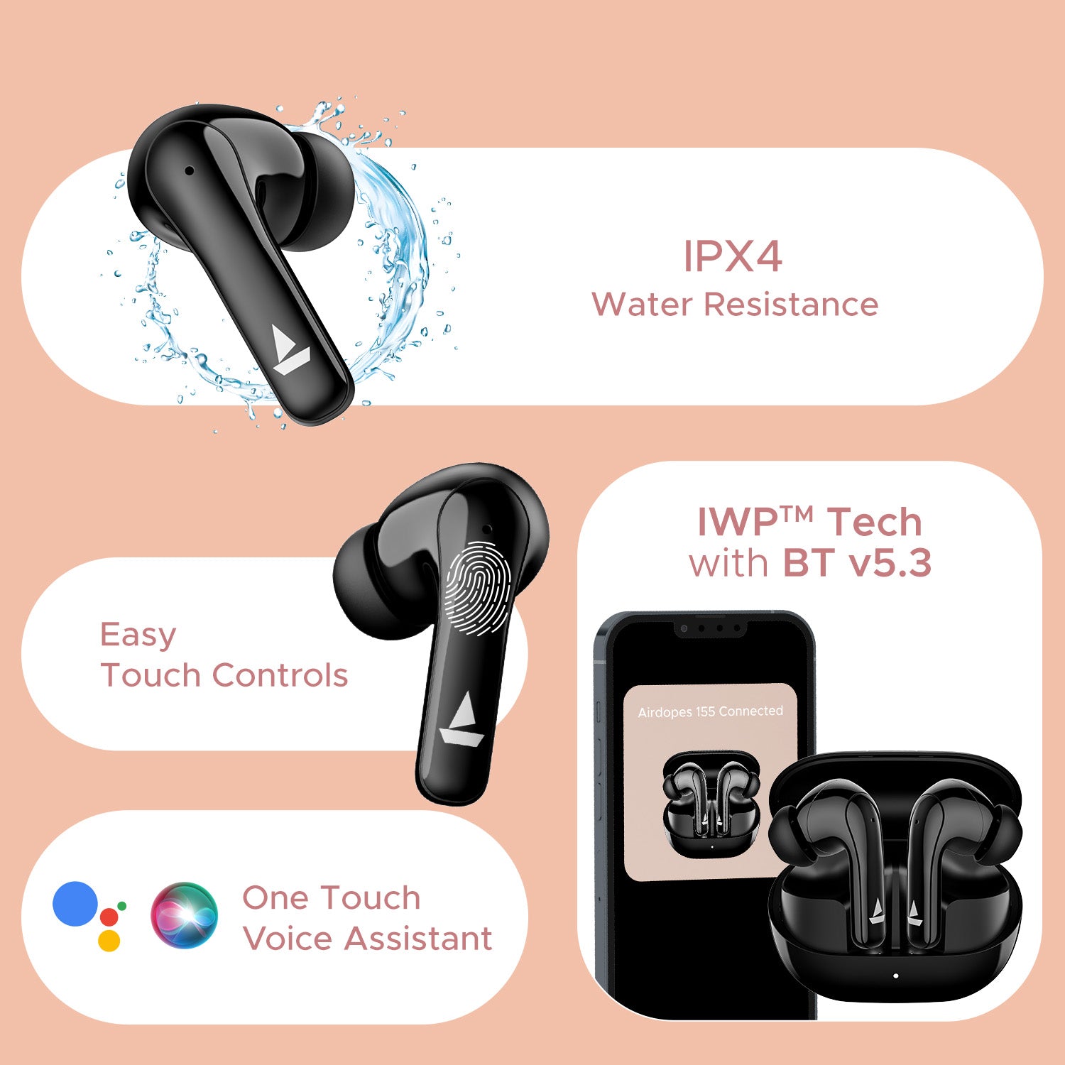 boAt Airdopes 155 | Wireless Earbuds with 40 Hours Playback, ENx™ with Quad Mics, Bluetooth v5.3