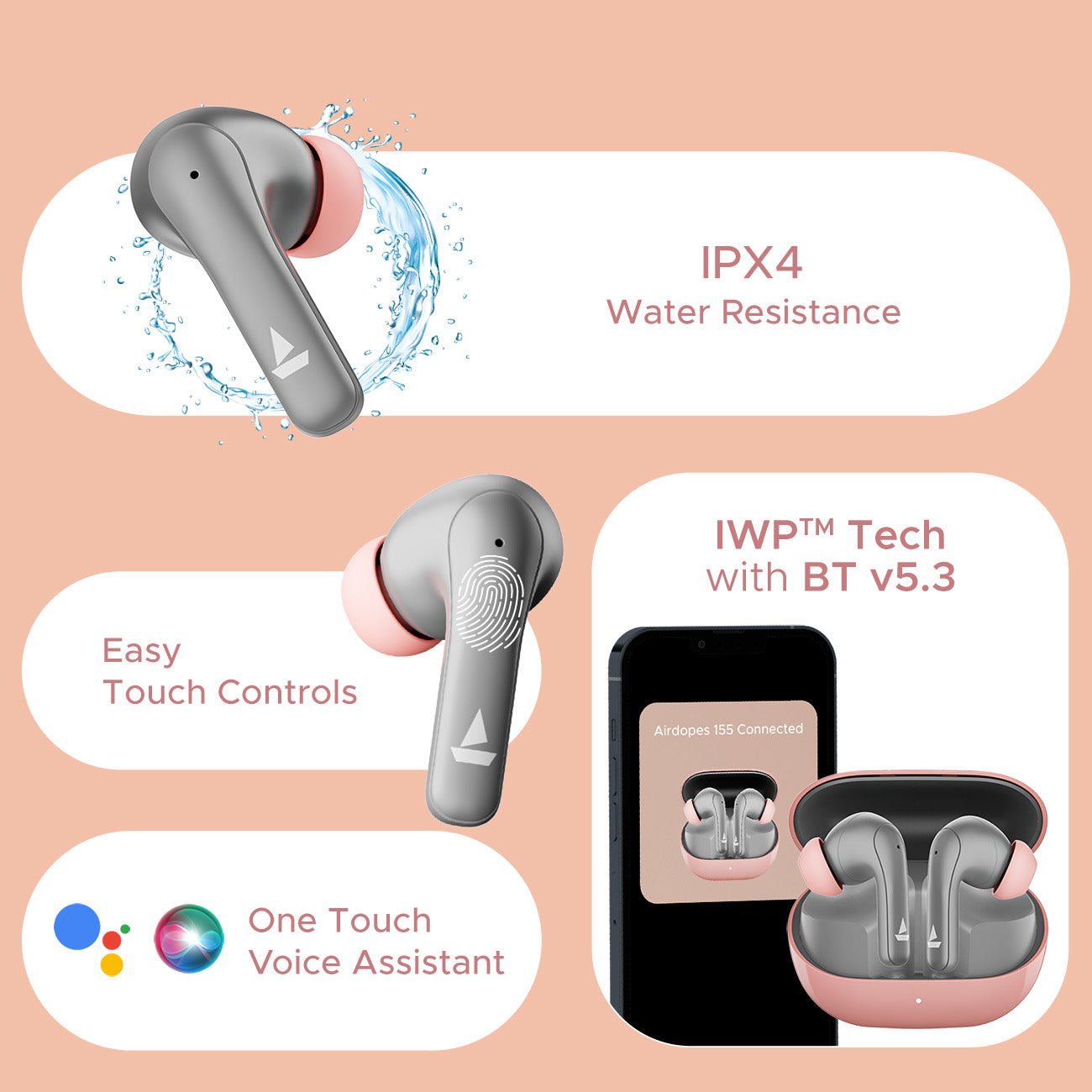 boAt Airdopes 155 | Wireless Earbuds with 40 Hours Playback, ENx™ with Quad Mics, Bluetooth v5.3