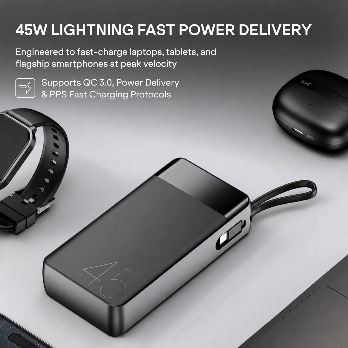 boAt Apex PB445 | 20000mAh Powerbank with 45W Turbo Fast Charging, Type-C Cable & 12-Layer Protection