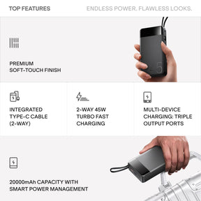 boAt Apex PB445 | 20000mAh Powerbank with 45W Turbo Fast Charging, Type-C Cable & 12-Layer Protection