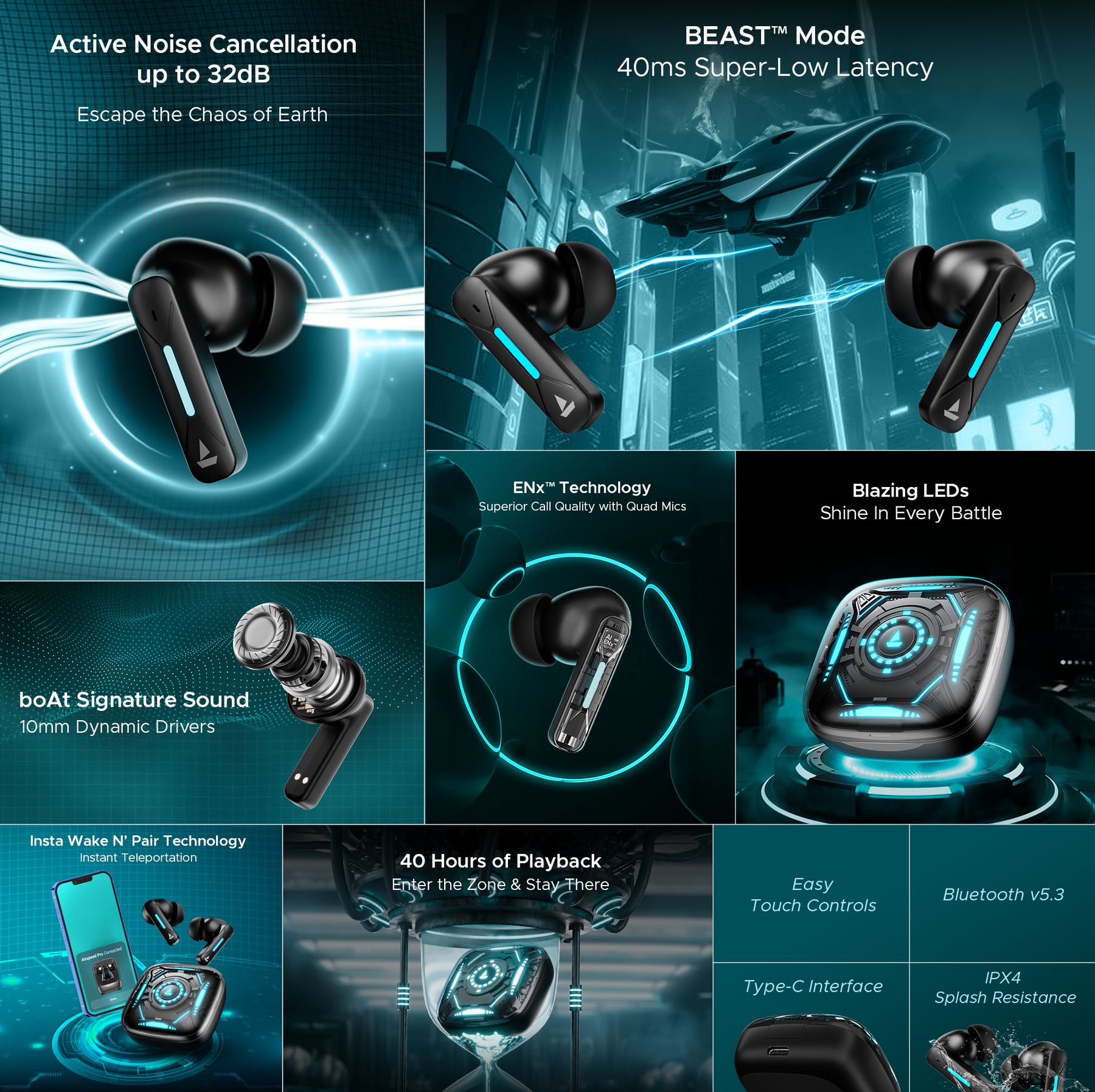 boAt Immortal Airspeed Pro Bluetooth Gaming Wireless Earbuds with 40ms BEAST™ Mode, Up to 32dB ANC, ENx™ Tech