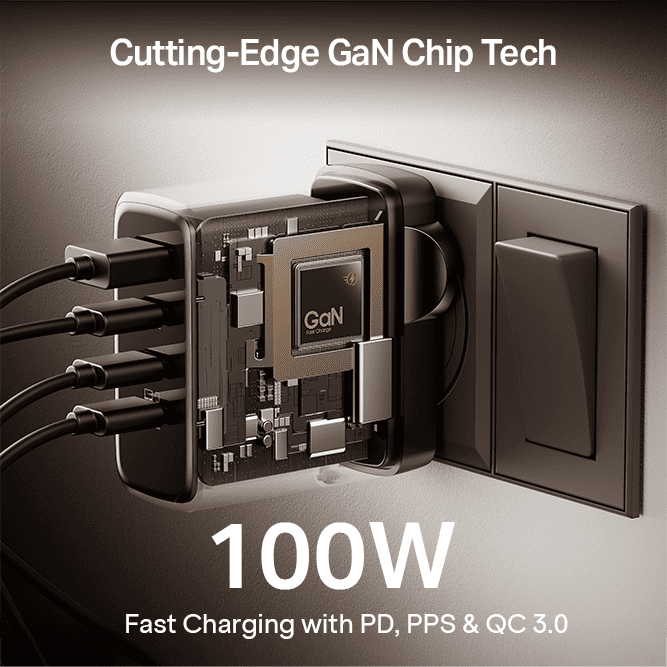 100W GaN Charger | 100W Fast Charger with GaN Chip Technology, 12-Layer Smart IC Protection, Quad-Port Charging