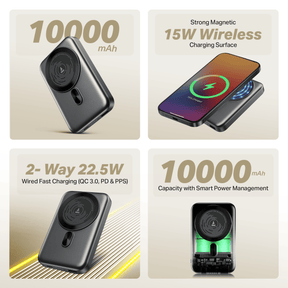 Energyshroom PB331 Magnacharge | Powerbank with 22.5W Fast Charging, 10,000mAh, 15W Magnetic Wireless Charging, 12-Layer Smart IC Protection, 3 Output Ports