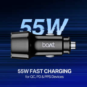 boAt Car Charger 55W | Dual Port Fast Car Charger with 55W Output, Smart IC Protection & Auto Detect Charging