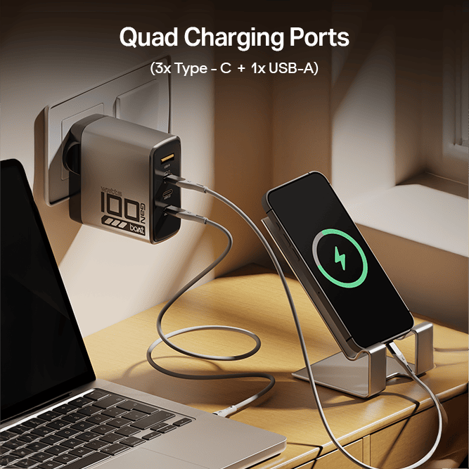 100W GaN Charger | 100W Fast Charger with GaN Chip Technology, 12-Layer Smart IC Protection, Quad-Port Charging