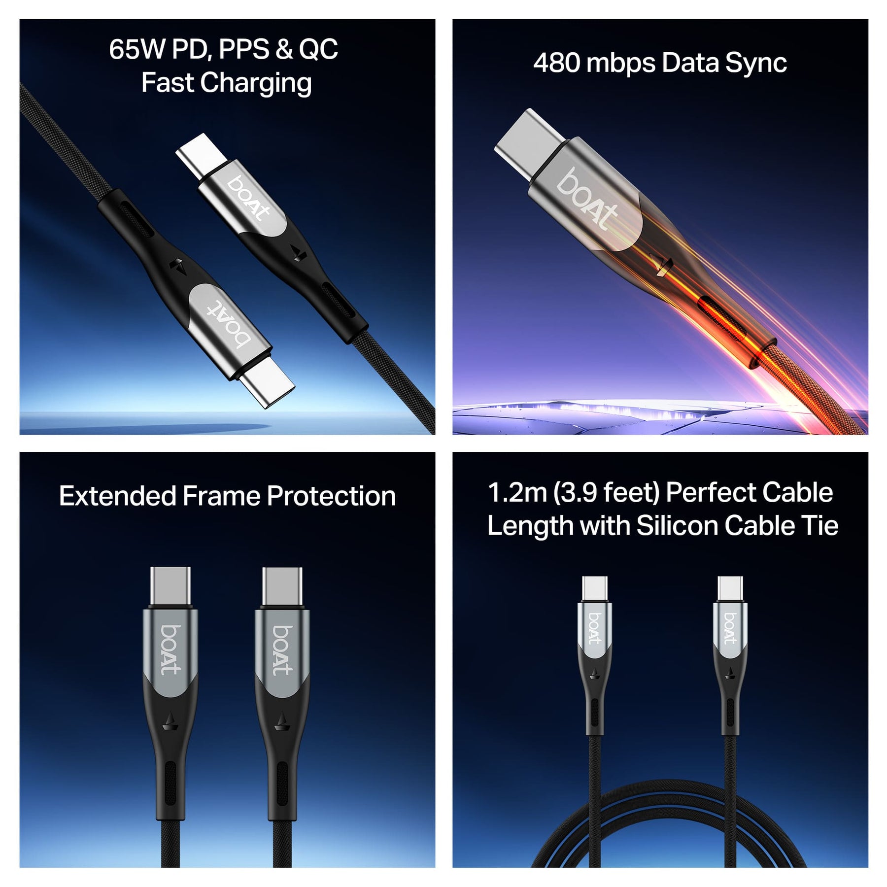 boAt Type A to C 65W Cable | Fast Charging Cable with 65W Output, 480 Mbps Data Sync & Nylon Braided Skin