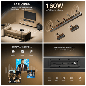 boAt Aavante Bar Prime B160 | 160W 5.1 Channel Soundbar with Wired Subwoofer & Rear Satellites