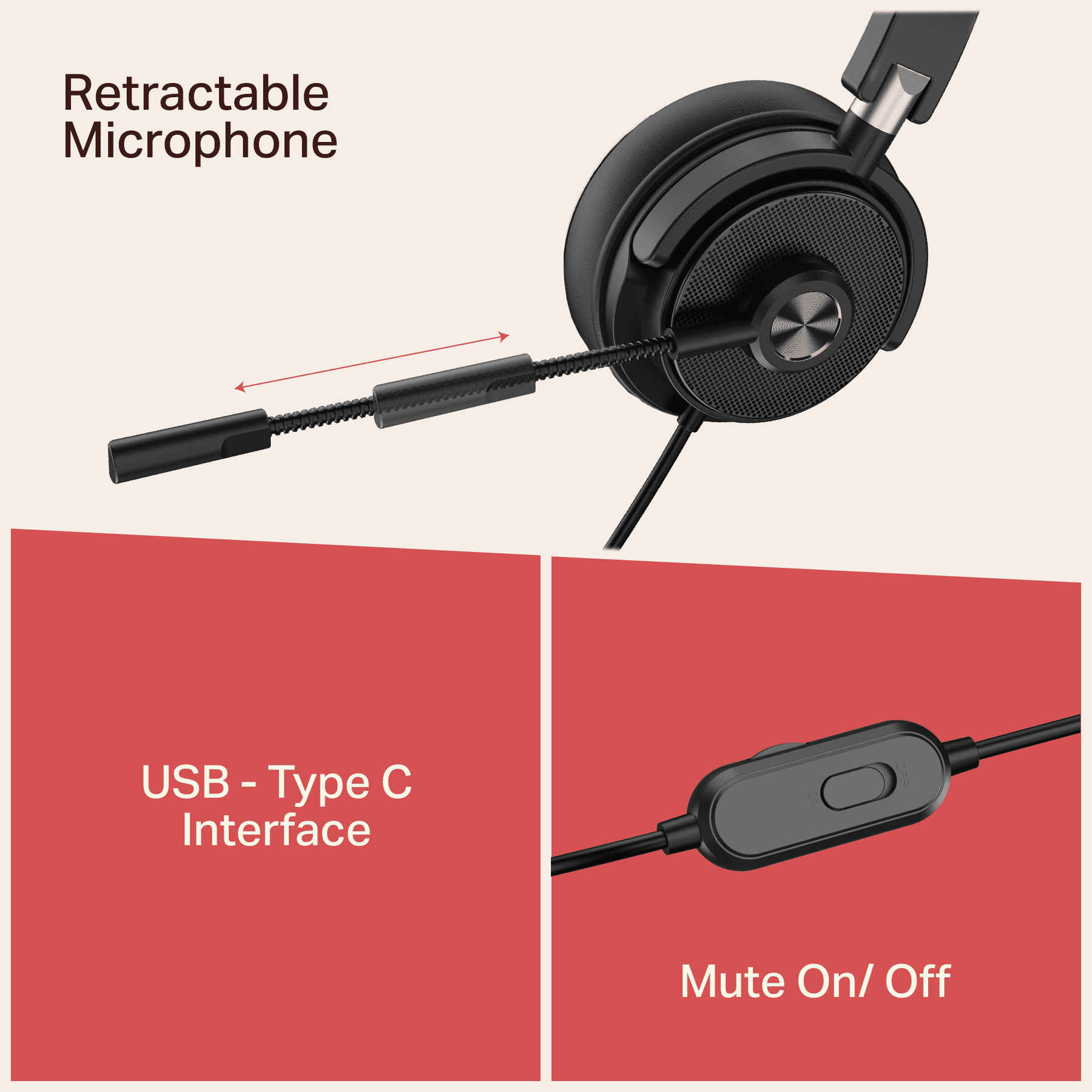 Bassheads 900 C Pro | USB Type-C Wired Headset with Retractable Mic, Remote Control & Adjustable Headband