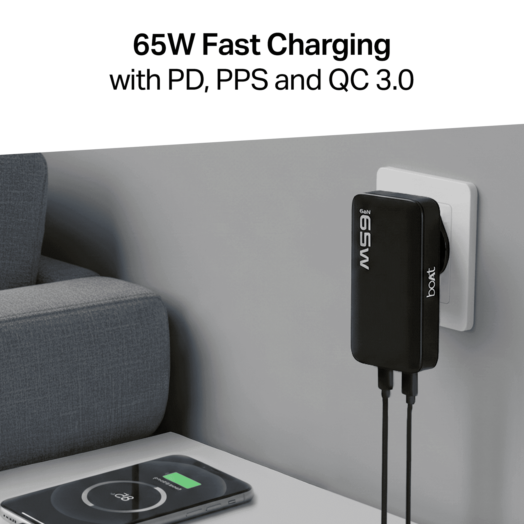 boAt 65W GaN Nano Charger | 65W Fast Charger with GaN Chip, Smart IC Protection & Dual-Port Charging