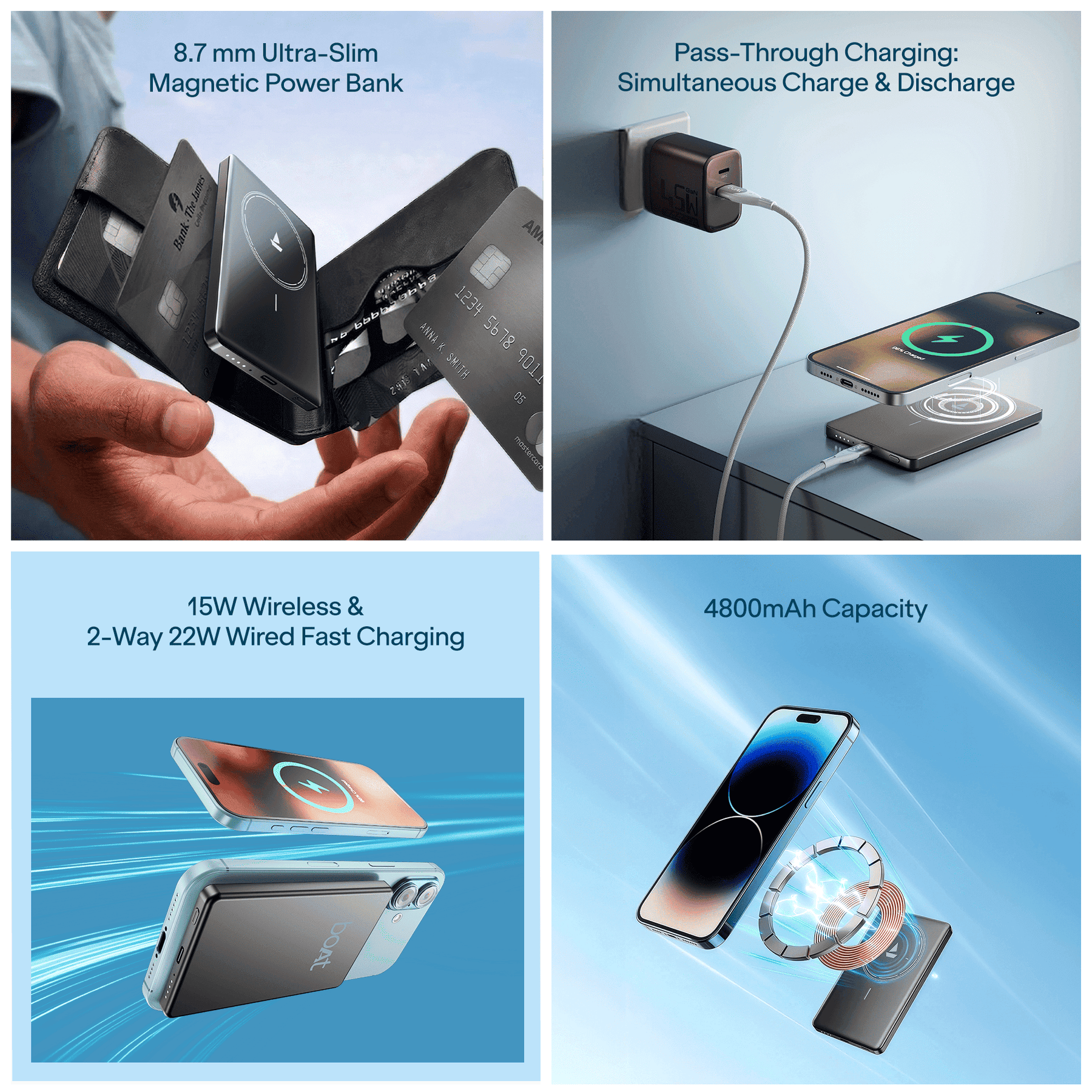 boAt Energyshroom Magnacharge Air | 4800mAh Ultra-Slim Magnetic Wireless Power Bank with 15W Wireless Charging