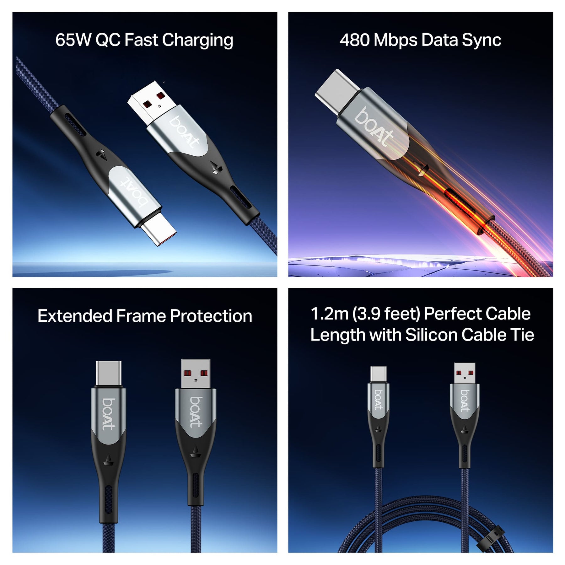 boAt Type A to C 65W Cable | Fast Charging Cable with 65W Output, 480 Mbps Data Sync & Nylon Braided Skin
