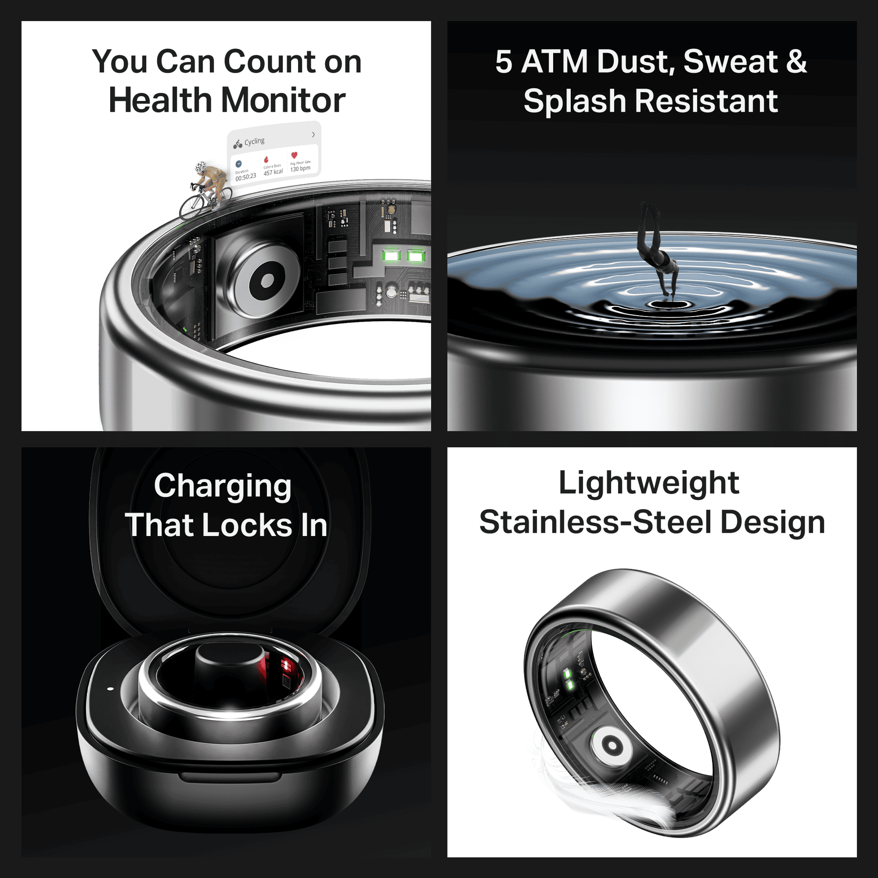 Smart Ring Active Plus | Smart Ring with Health Monitoring, Wireless Charging, Stainless Steel Build