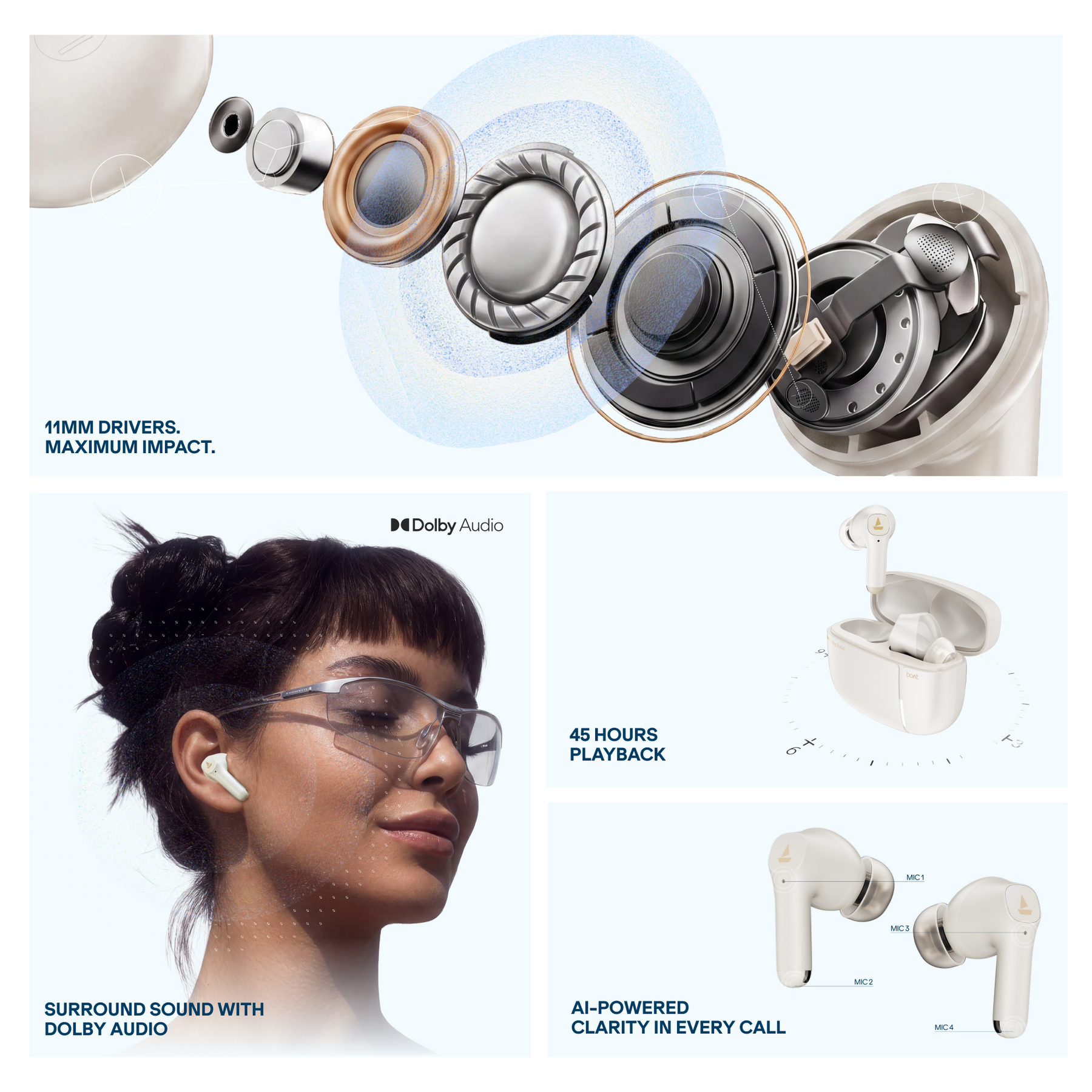 boAt Airdopes Prime 800D | Dolby Audio, 45 Hours Playback & Quad Mics for Crystal Clear Calls