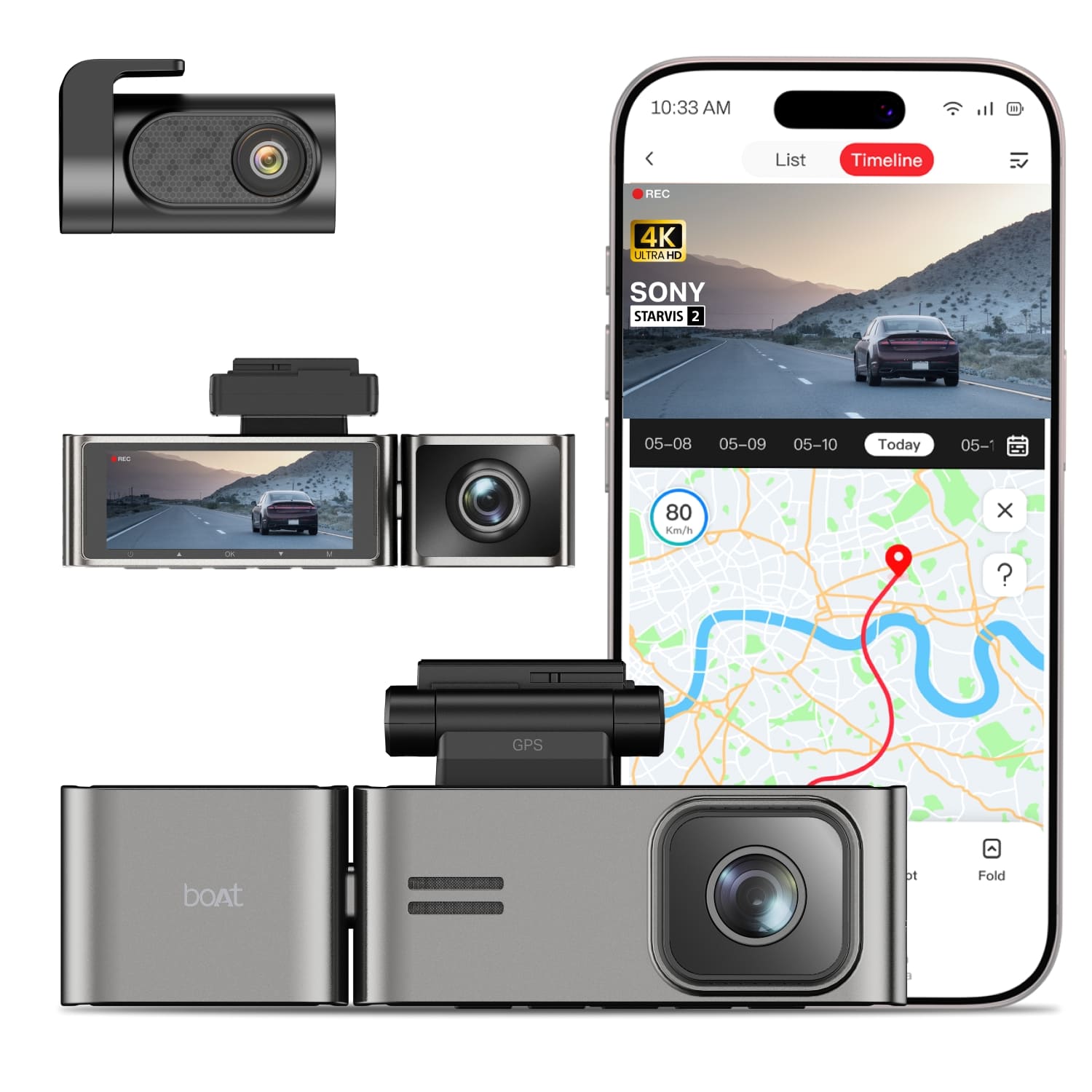 boAt HIVE Dashcam F1 Pro | 4K Triple-Channel Dashcam with ADAS & GPS