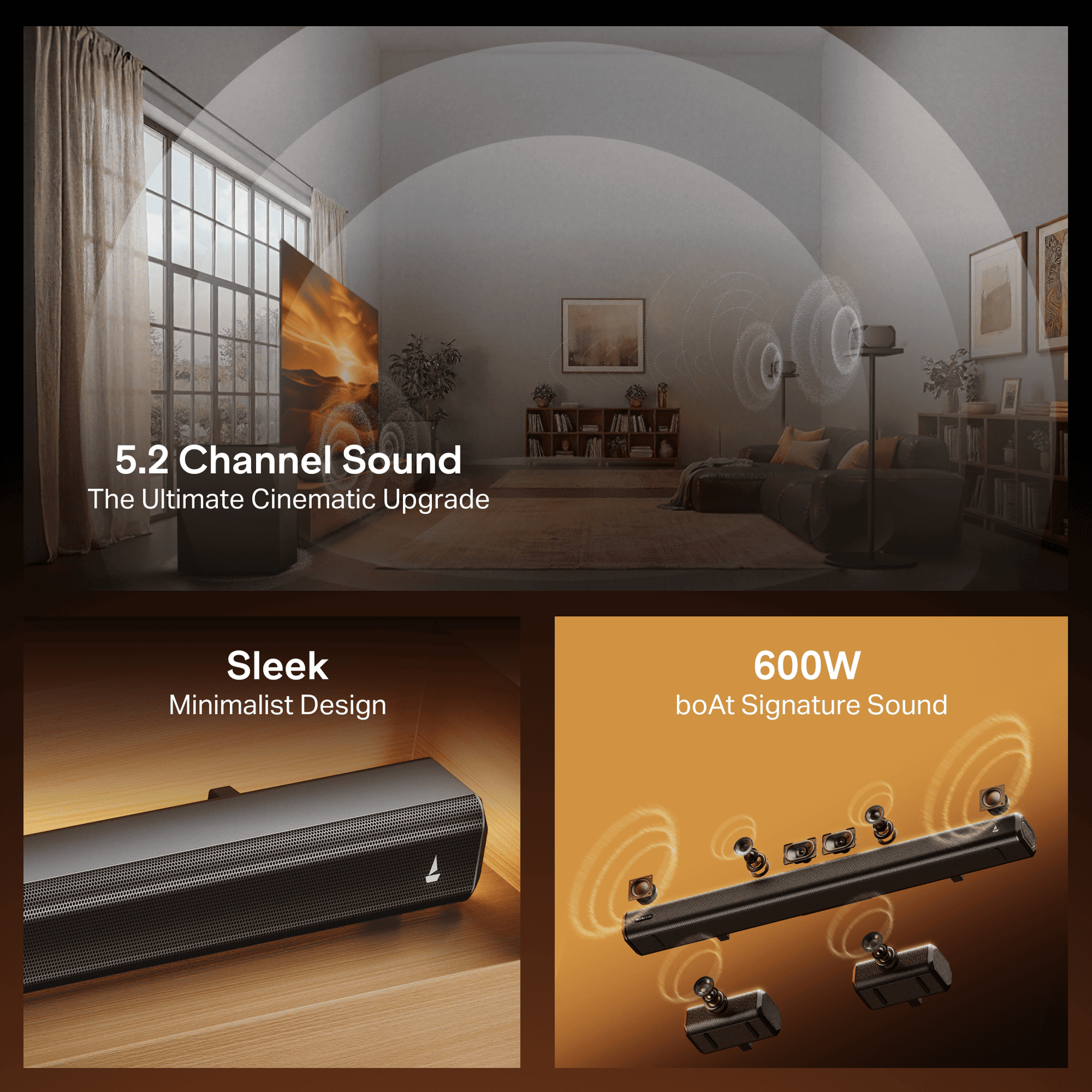 boAt Aavante Bar Prime DA600 | 600W 5.2 Channel Soundbar with Dual Wired Subwoofers & Rear Satellites