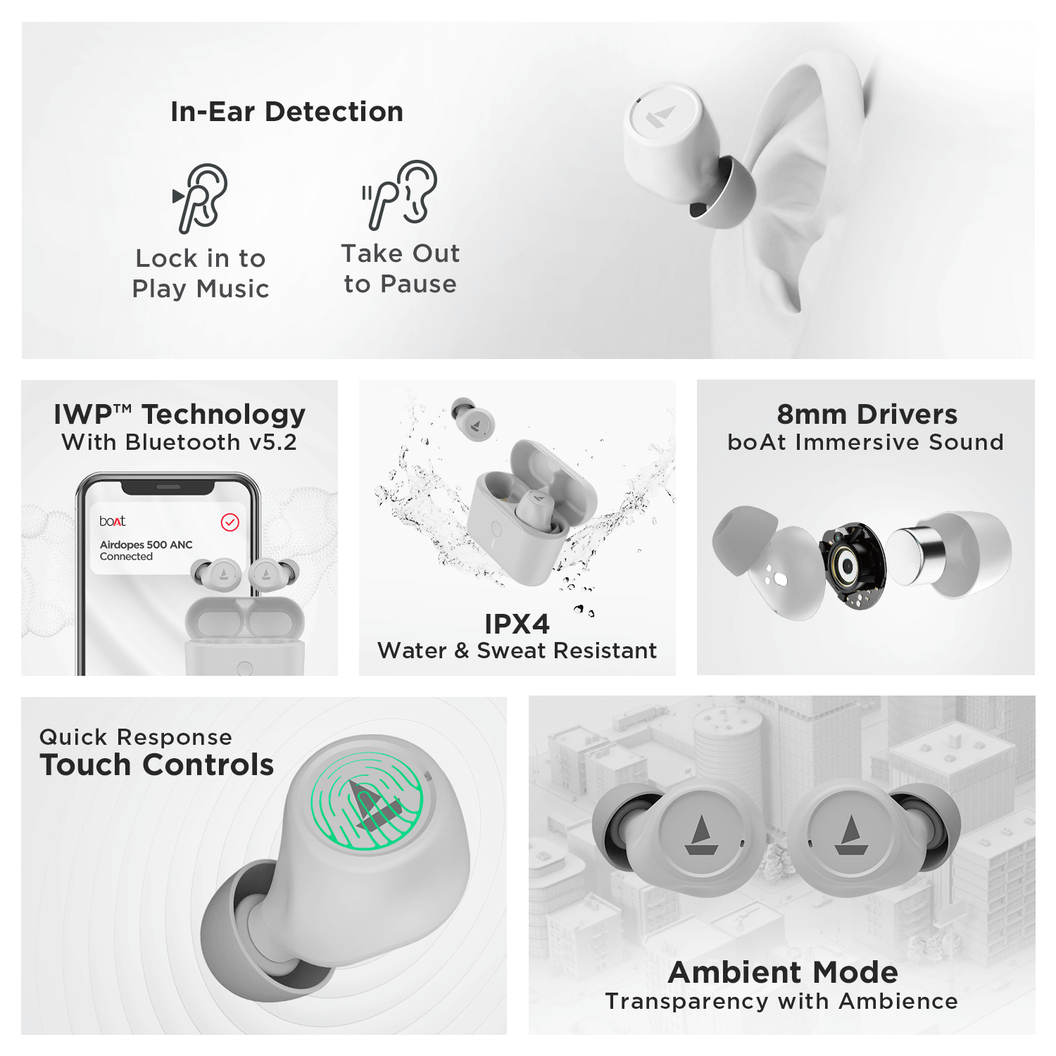 boAt Airdopes 500 ANC Wireless Earbuds with 35dB Hybrid Active Noise Cancellation 8mm Drivers Quad Mics with ENx Technology ASAP Charge
